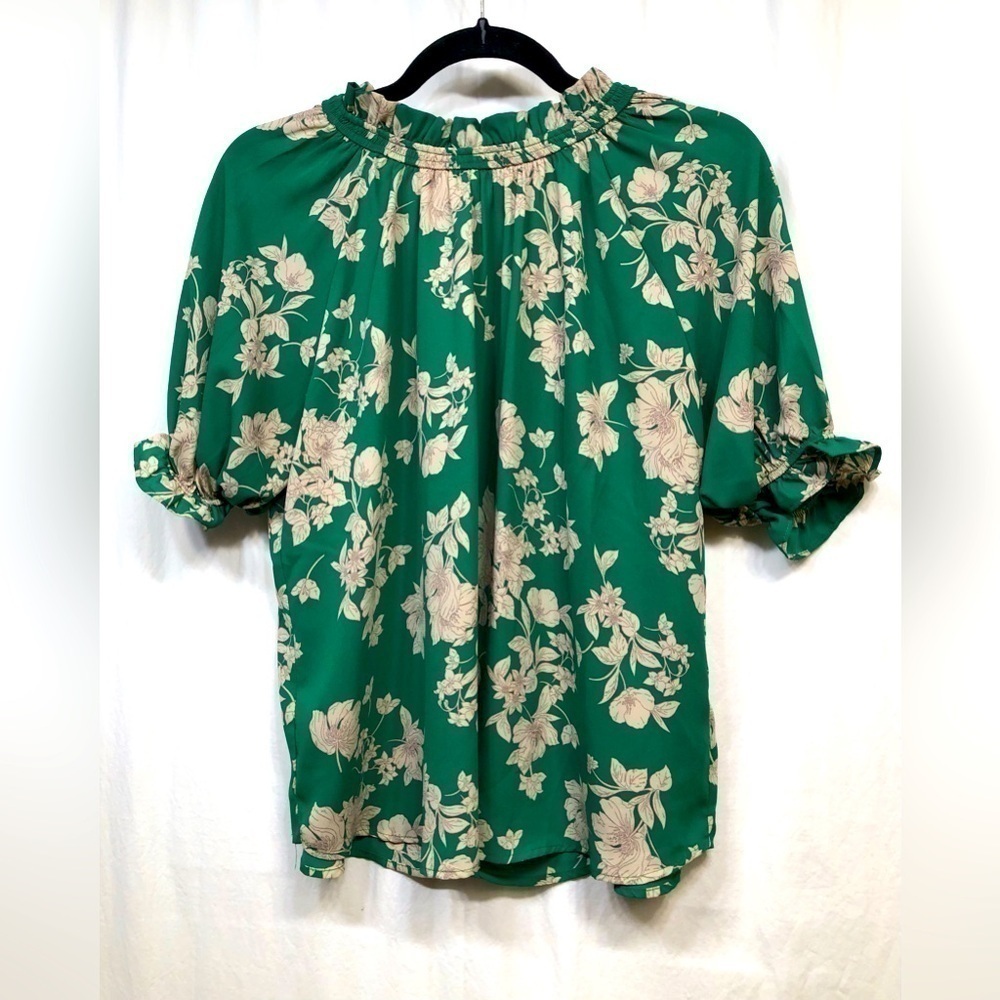 Sienna Sky Green Beige Floral Top Blouse Ruffle High Neck Short Sleeve Small